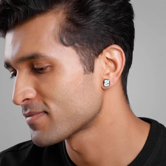 Black Rhodium Rectangular Stud For Him