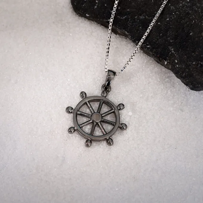 Black Rhodium Time Wheel Pendant With Box Chain For Him