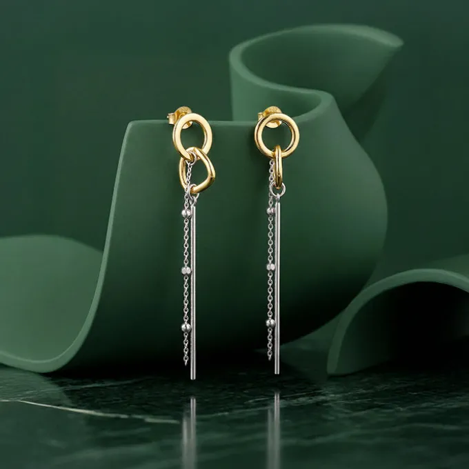 Dual Tone Linear Halo Silver Dangler Earrings