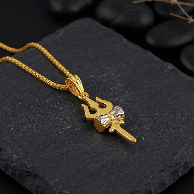 Dual Tone Sacred Trishul Silver Pendant With Box Chain For Him