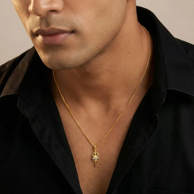 Dual Tone Sacred Trishul Silver Pendant With Box Chain For Him