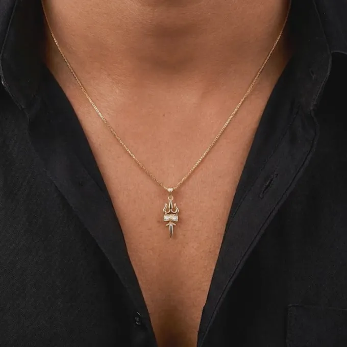 Dual Tone Sacred Trishul Silver Pendant With Box Chain For Him