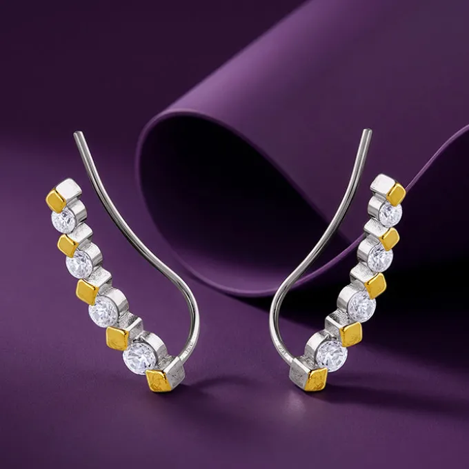 Dual Tone Stellar Spike Silver Climber Earrings