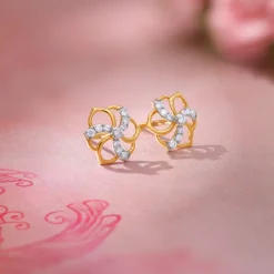 Gold Camellia Floral Lab Grown Diamond Earrings