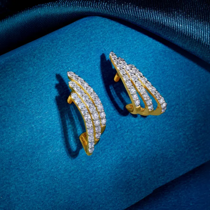 Gold Divine Feathers J Hoop Lab Grown Diamond Earrings
