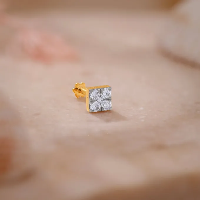Gold Glittering Cube Lab Grown Diamond Nose Pin