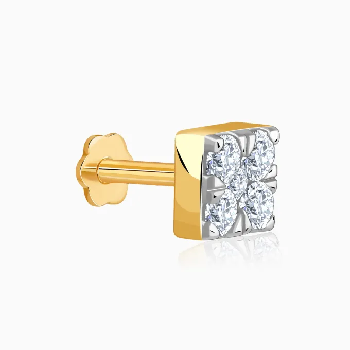 Gold Glittering Cube Lab Grown Diamond Nose Pin