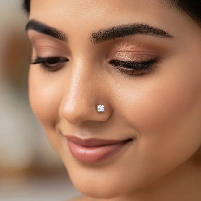 Gold Glittering Cube Lab Grown Diamond Nose Pin