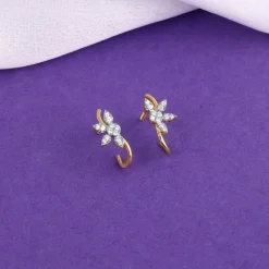 Gold Leafy J Hoop Lab Grown Diamond Earrings