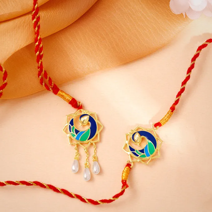 Golden Mor Bhaiya Bhabhi Rakhi Combo (Set of 2)