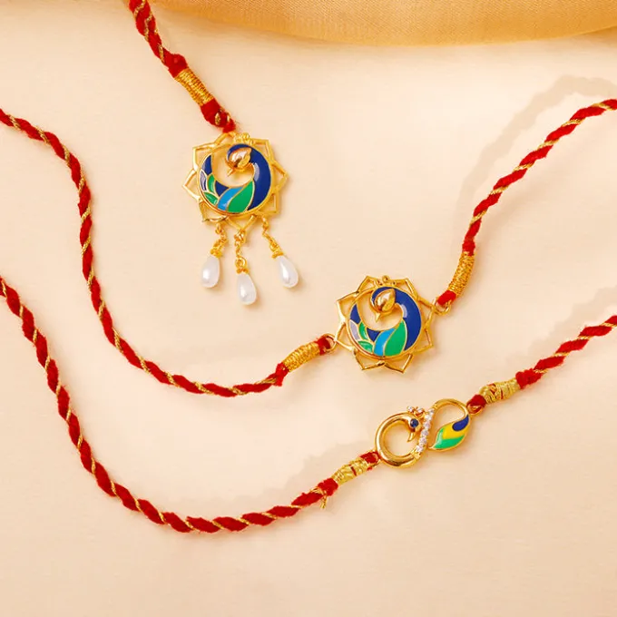 Golden Morbandhan Bhaiya Bhabhi Rakhi Combo (Set of 3)