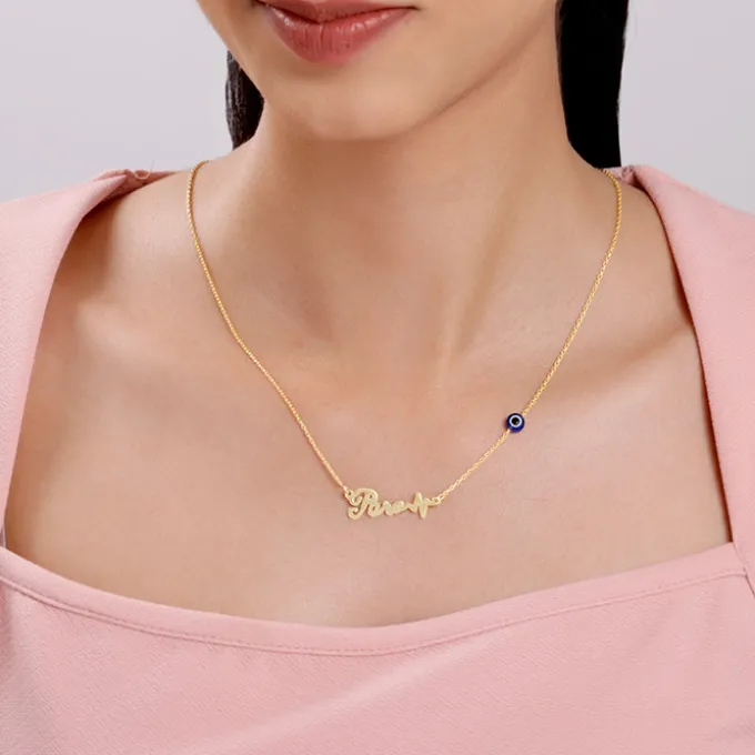Golden Personalised Evil Eye Heartbeat Necklace