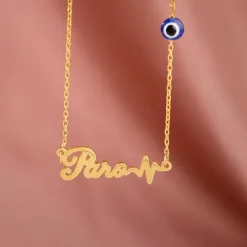 Golden Personalised Evil Eye Heartbeat Necklace