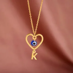 Golden Personalised Evil Eye Heart Initial Pendant