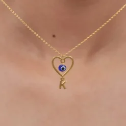 Golden Personalised Evil Eye Heart Initial Pendant