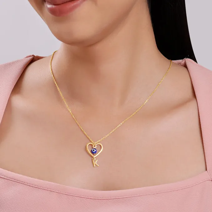 Golden Personalised Evil Eye Heart Initial Pendant