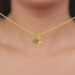 Golden Personalised Halo Cross Pendant With Link Chain