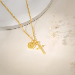 Golden Personalised Halo Cross Pendant With Link Chain