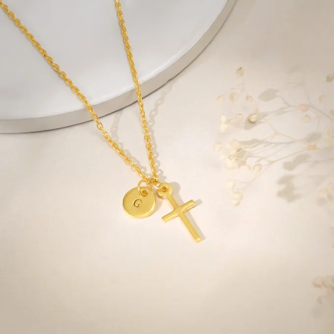 Golden Personalised Halo Cross Pendant With Link Chain