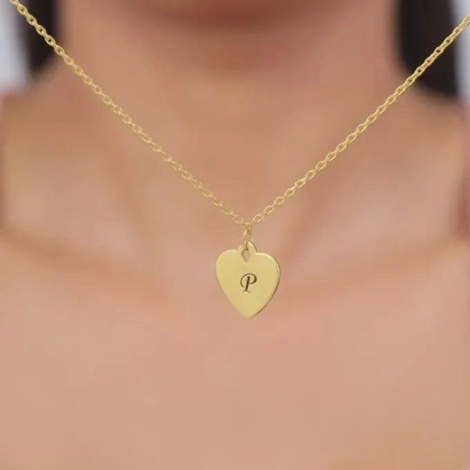 Golden Personalised Heart Initial Pendant With Link Chain