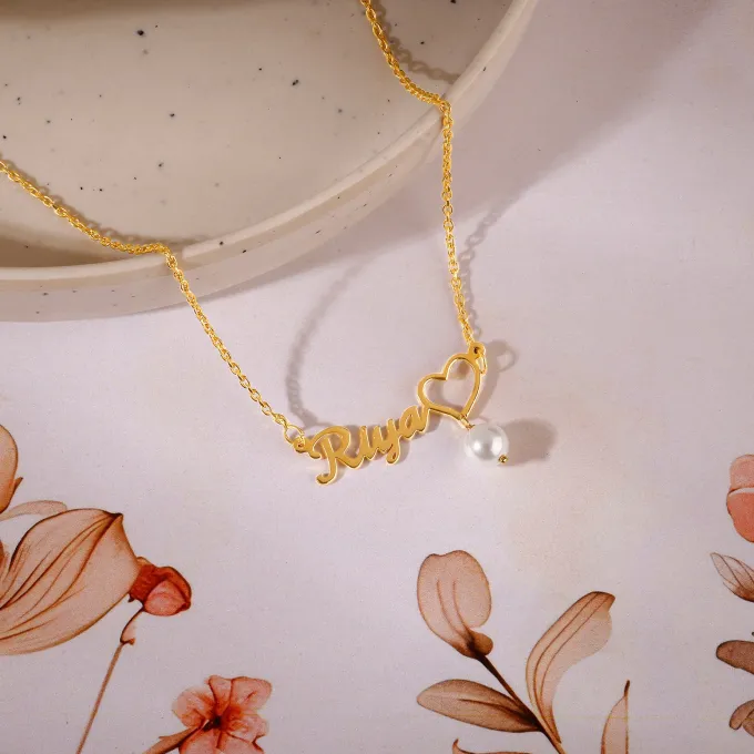 Golden Personalised Pearl Heart Necklace