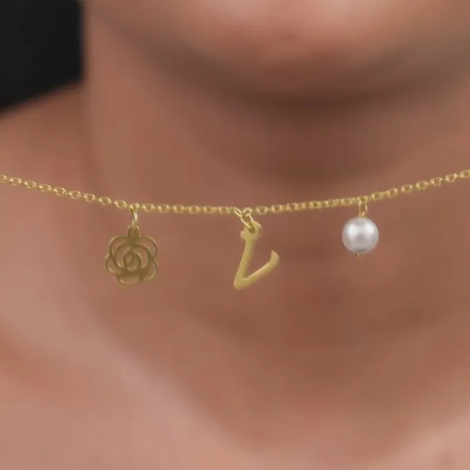 Golden Personalised Pearl Rosey Necklace