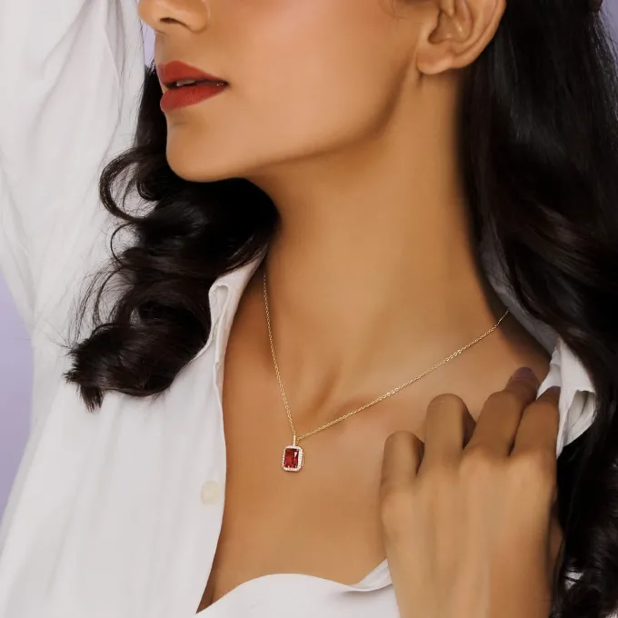 Golden Ruby Red Baguette Pendant with Link Chain