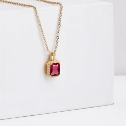 Golden Ruby Red Baguette Pendant with Link Chain