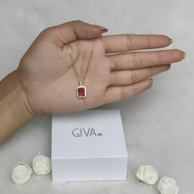 Golden Ruby Red Baguette Pendant with Link Chain
