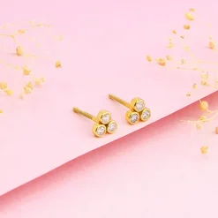Golden Three-Stoned Stud Earrings