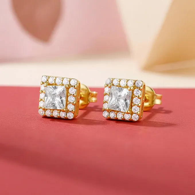 Golden Zircon Square Halo Earrings