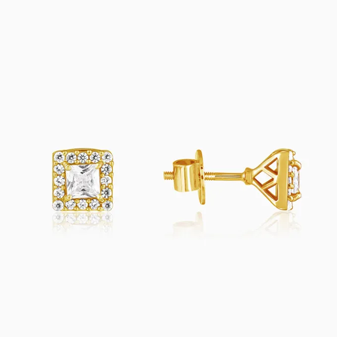 Golden Zircon Square Halo Earrings