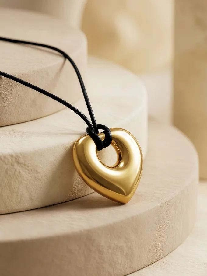 Lock Heart Gold Plated Pendant With Black Thread