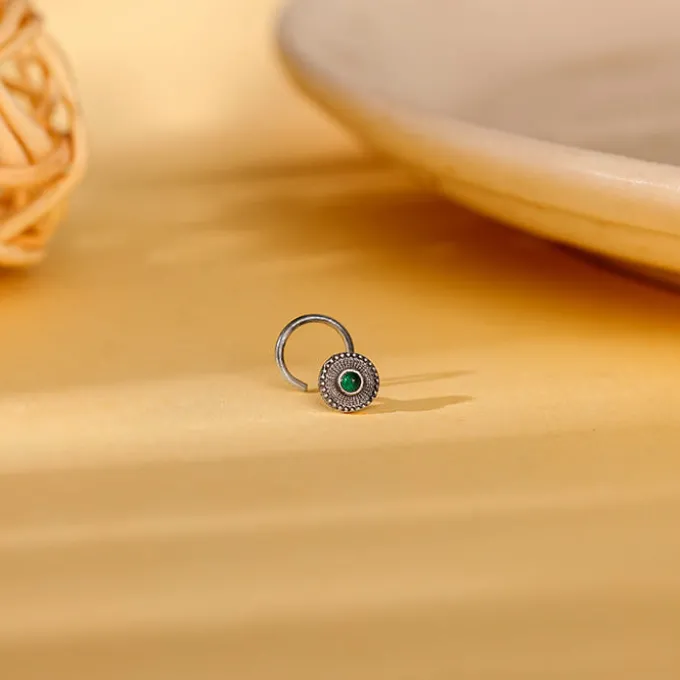Oxidised Silver Bottle Green Nose Pin