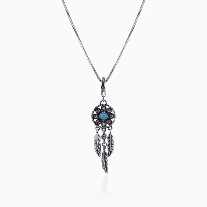 Oxidised Silver Dream Catcher Pendant With Box Chain