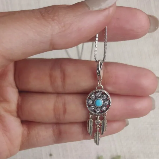 Oxidised Silver Dream Catcher Pendant With Box Chain