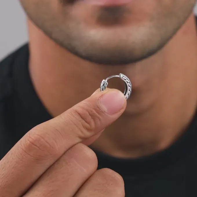 Oxidised Silver GeoGlint Hoop Earring For Him