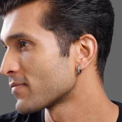 Oxidised Silver GeoGlint Hoop Earring For Him
