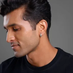 Oxidised Silver Linked Chain Hoop Stud For Him