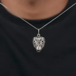 Oxidised Silver Lion Pendant With Box Chain For Him
