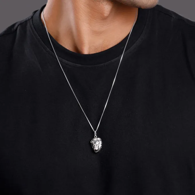 Oxidised Silver Lion Pendant With Box Chain For Him
