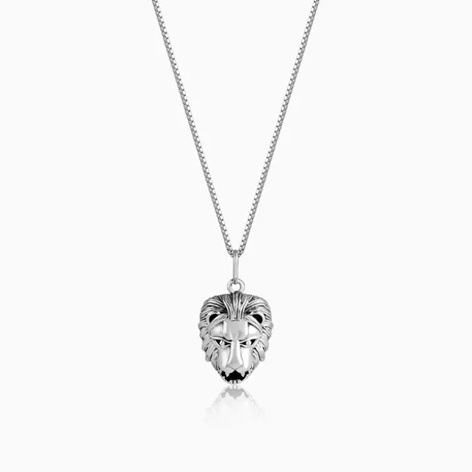 Oxidised Silver Lion Pendant With Box Chain For Him