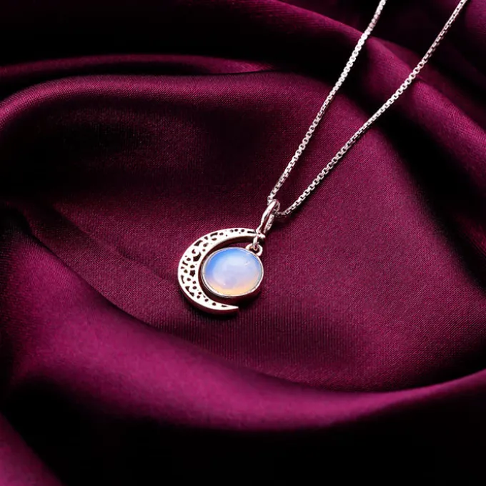 Oxidised Silver Moonstone Crescent Pendant with Box Chain