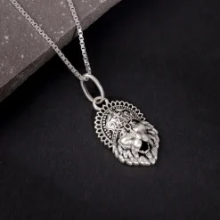 Oxidised Silver Narasimha Crown Pendant With Box Chain For Him