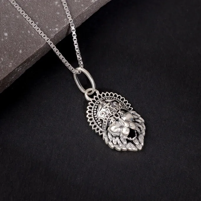 Oxidised Silver Narasimha Crown Pendant With Box Chain For Him