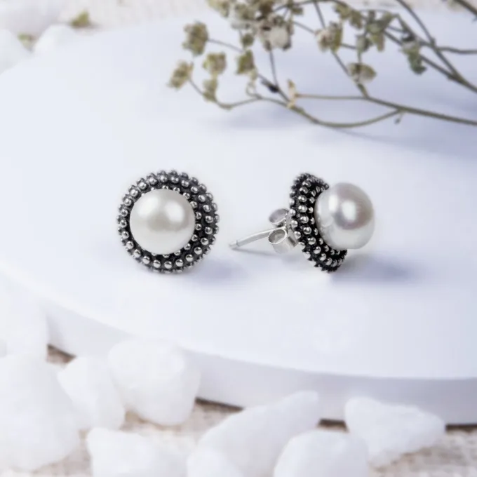 Oxidised Silver Pearl Stud Earrings