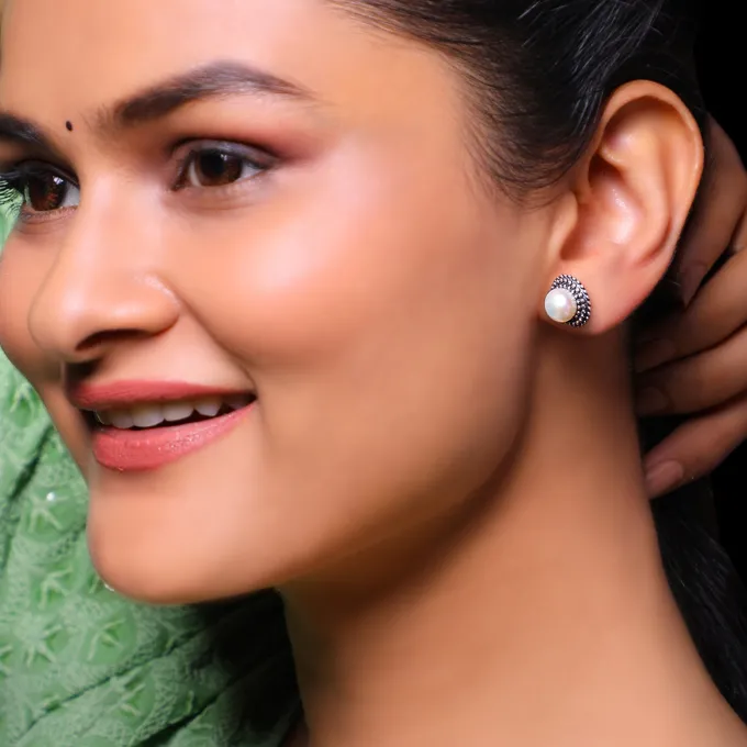 Oxidised Silver Pearl Stud Earrings
