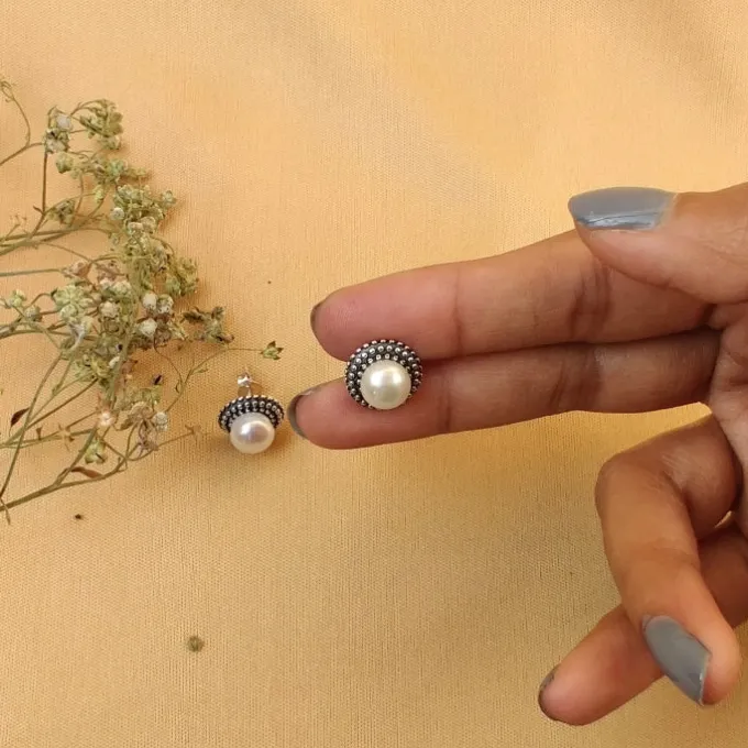 Oxidised Silver Pearl Stud Earrings