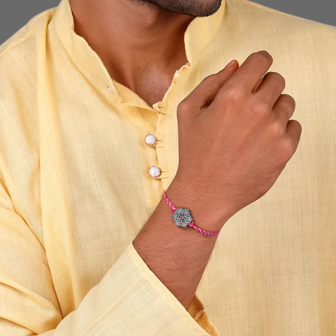 Oxidised Silver Pink Flower Rakhi