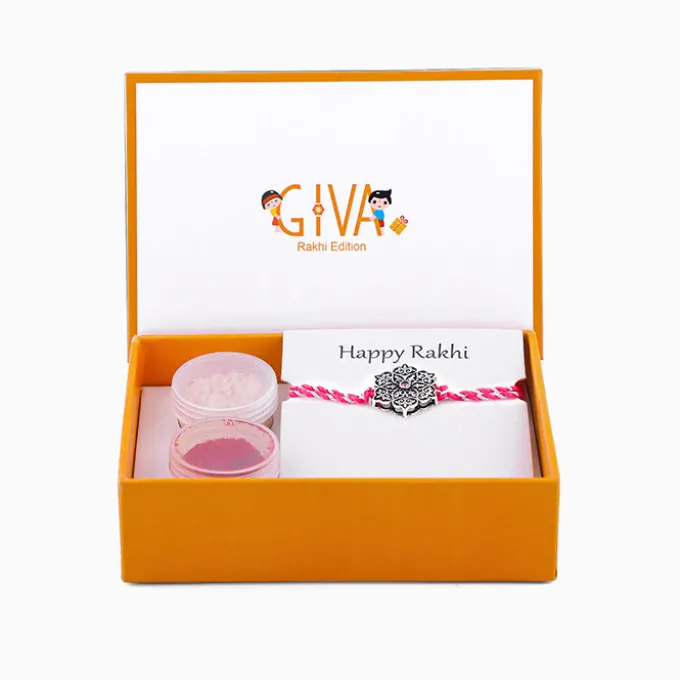 Oxidised Silver Pink Flower Rakhi